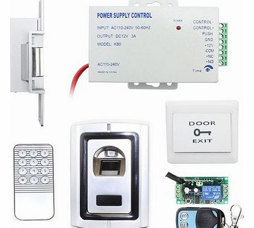Door Access Control System Kit With fingerprint reader + Electric Strike Lock + Remote Control + Exit Button + power supply for home office etc.
