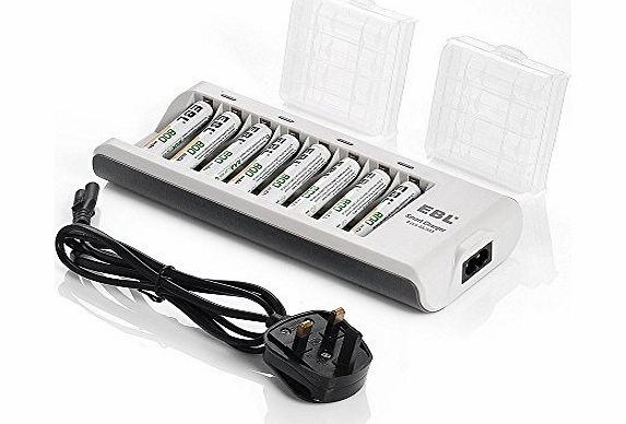 EBL 808A Rapid 8 Bay Smart AA AAA Battery Charger UK with 8pcs 800mAh AAA Ni-MH Rechargeable Batteries