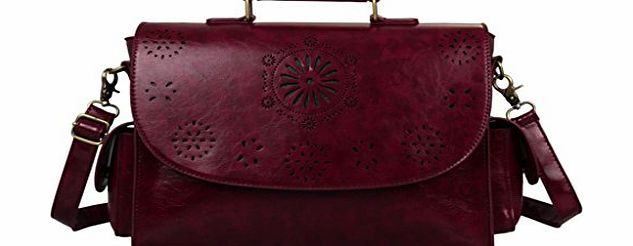 Ecosusi.Inc Ecosusi Women Designer Vintage Leather Satchel Briefcase Hollow Pattern (Red)