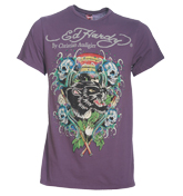 Ed Hardy Panther Skull Waves Purple T-Shirt