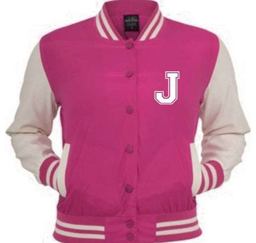 Personalized 12-13 years (34``) Fuchsia Varsity/college/ baseball jacket with name on back and initial on front.