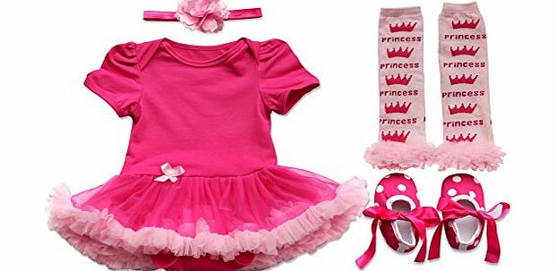 EFE Newborn Infant Baby Girls 4PCs Outfits Clothing Headband Tutu Dress Leggings Leg Warmers Shoes Headband Hot Pink Crown 0-3 Months