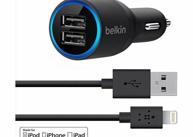 New Belkin 2-port USB Car Charger amp; Lightning Cable for iphone5/ 5S/ iPod/Ipad