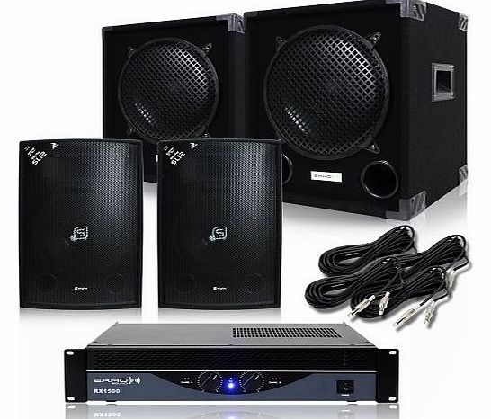 2x Skytec 12`` DJ PA Party Speakers + 2x Ekho 12`` Subwoofers + Amplifier + Cables Disco System 2800W