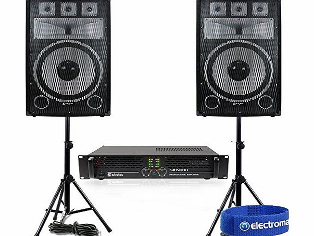 Electromarket 2x Skytec 15`` Party PA Speakers   Amplifier Disco DJ Stands System 1000W