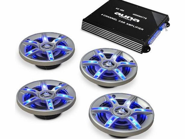 Electronic-Star BeatPilot FX-401 Car Hi-Fi Speaker Power Amplifier Set 4 Channels 4000 Watt with 4 Built-In Speakers / LED Light Effect / Can Be Bridged to 3 / 2 / 1 Channel Operation Includes Cable Set