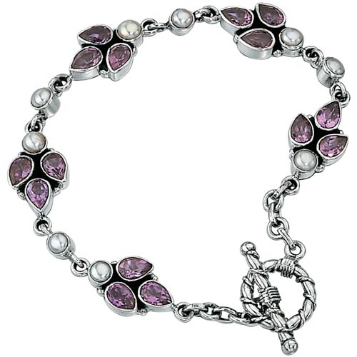Elements Amethyst and Freshwater Pearl Silver Bracelet by Elements