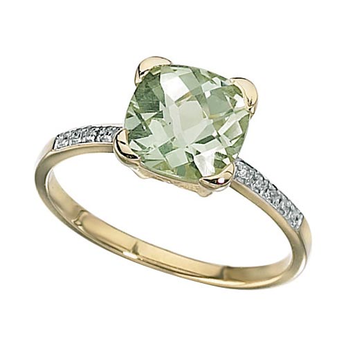 Checkerboard Green Amethyst and Diamond Ring In 9 Carat Yellow Gold By Elements