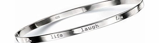 Elements Sterling Silver Ladies B3817 Love, Life, Laugh Bangle, Diameter 6.9cm
