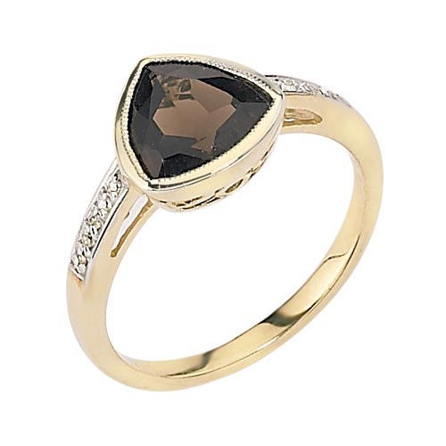 Trilliant Cut Smokey Quartz and Diamond Ring In 9 Carat Yellow Gold By Elements