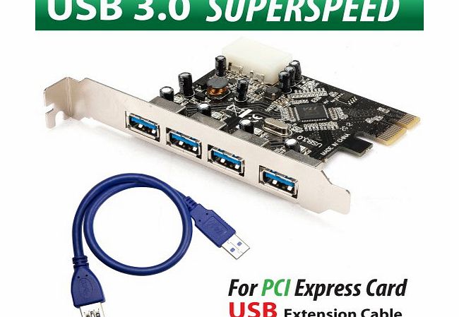 4 Ports USB 3.0 PCIE PCI Express Card for PC with USB 3.0 Extension Cable (30CM), SuperSpeed 5.0Gbps, Support MS Microsoft Windows 98SE/ME/2000/XP/Server 2003/XP 64-bit/Vista /win 7