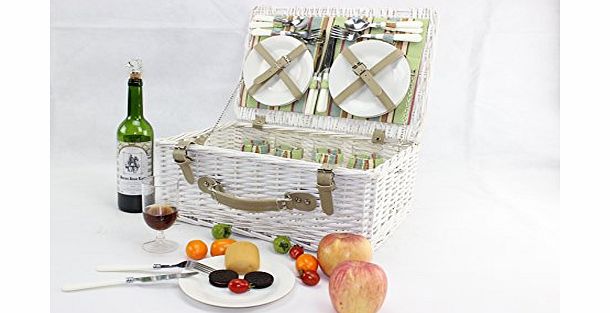 ELITEHOUSEWARES Vintage White Antique Picnic Hamper Basket for 4 Persons With Easy Carry Handle