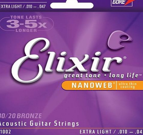 Elixir 80/20 Bronze Acoustic Sets Ultra-Thin Nanoweb Coating - Extra Light (0.010 - 0.047)