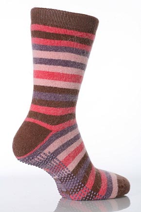 Elle Ladies 1 Pair Elle New Striped Angora Slipper Socks In 2 Colours Mocha