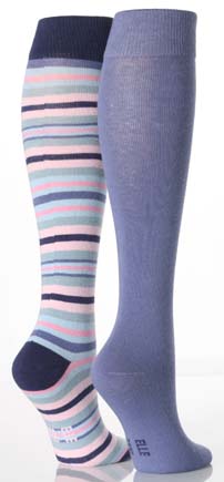 Elle Ladies 2 Pair Elle Cotton Knee Highs - One Striped and One Plain In 4 Colours Chocolate Mix