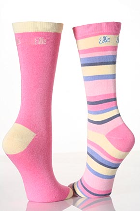 Ladies 2 Pair Elle Striped and Plain Bamboo Socks In 4 Colours Iris Blue