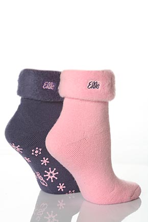 Elle Ladies 2 Pair Elle Thermal Bed and Slipper Socks In 5 Colours Pink and Grape