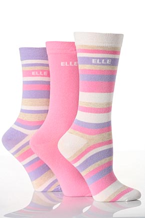Elle Ladies 3 Pair Elle Cotton Socks 2 Striped And 1 Plain In 8 Colours Cherry Pink