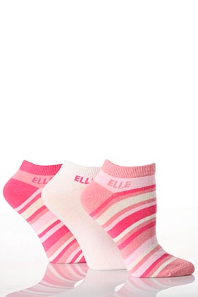Elle Ladies 3 Pair Elle Cotton Trainer Liners 2 Striped and 1 Plain Cherry Pink
