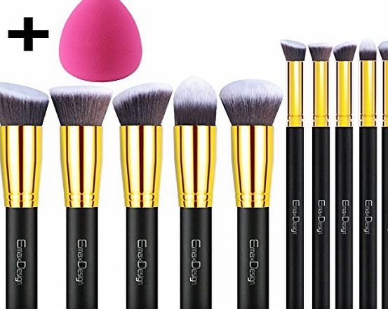 EmaxDesign Upgraded Version - EmaxDesign Makeup Brush Set Professional Premium Synthetic Kabuki Foundation Blending Blush Eyebrow Face Liquid Powder Cream Cosmetics Brushes Kit With Bag (10 Piece Golden Black)