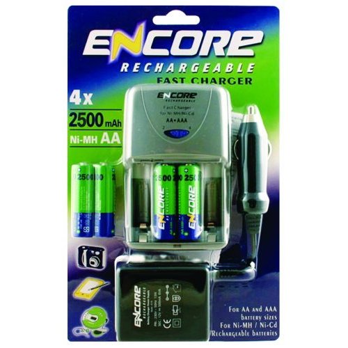 The Encore Fast Battery Charger will charge the included 4 x Encore AA 2500mAh Ni-MH rechargeable ba