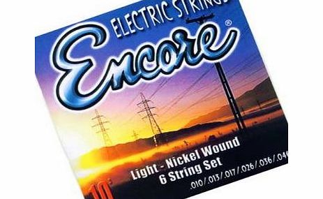 Encore light electric guitar strings. Nickel-wound set of six, 10-46 gauge.