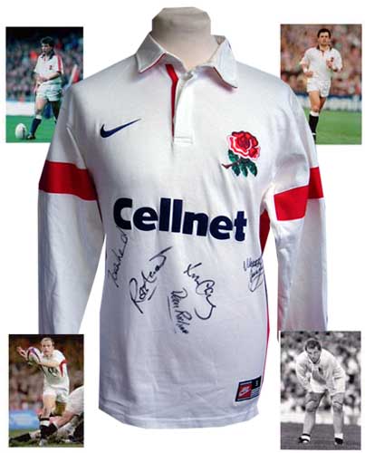 England shirt signed by Carling, Leonard, Dawson, Richards and Andrew