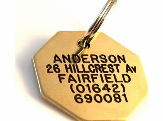 Engraving Studios Deeply engraved solid brass octagonal shaped pet tag