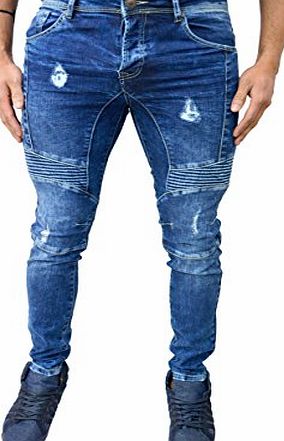 Enzo Mens Designer Branded Skinny Slim Fit Ripped Biker Distressed Stretch Denim Jeans (Waist 32 Leg 32, Mid Stonewash Blue)