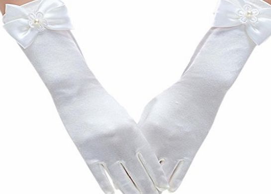 Eozy  Wedding Flower Girls Bow Pearl Hand-made Silks Gloves White 8-12 Years