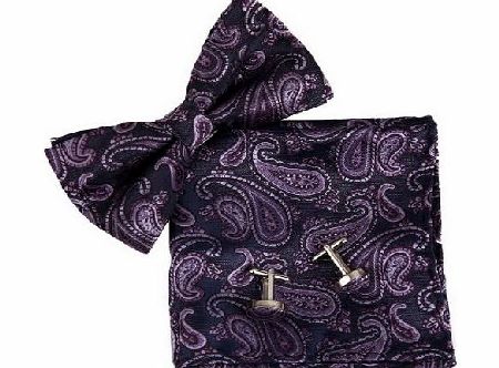 Epoint BT2089 Purple Paisley Relationships Formal Wear fashion Gift Idea Silk Pre-tied Bowtie Cufflinks Hanky Gift Box Set By Epoint
