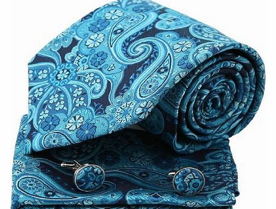 Epoint PH1063 Blue Paisley Handmade Mens Accessories Gift Silk Ties Cufflinks Handkerchiefs Valentine Gift for Him By Epoint