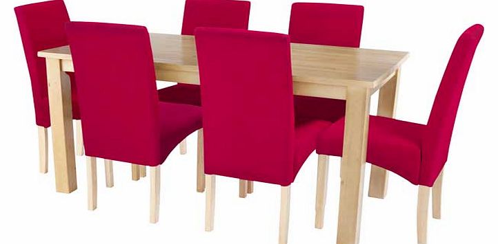 Oak Dining Table and 6 Red Fabric Chairs