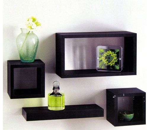 Set of 4 Black Wooden Wall Mounted Retro Floating Cube Shelving Storage Display Shelf Shelves