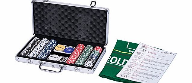 Professional 11.5g 300pcs Poker Set inc. Dealer Button, 2 Card Decks & Aluminium Carry Case + FREE Reversible Poker/Blackjack Mat