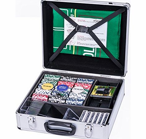 Professional 11.5g 600pcs Poker Set inc. 5 Dice, Blind Buttons, 6 Card Decks, Card Shoe, Card Shuffler & Deluxe Lockable Aluminium Carry Case + FREE Reversible Poker/Blackjack Mat