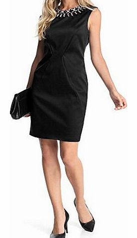 Esprit Womens Satin Dress With Gemstone Neckline - Black - Schwarz (BLACK 001) - 10
