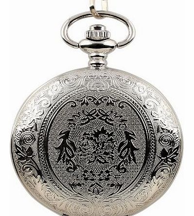 Mens Stainless Steel Pattern Case White Dial Antique Style Pocket Watch with Chain
