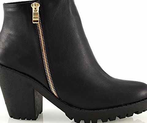 ESSEX GLAM Ladies Chunky Cleated Block Heel Platform Sole Biker Womens Ankle Boots Shoes 3 4 5 6 7 8 (UK 4 / EU 37 / US 6, Black Synthetic Leather)