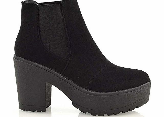 ESSEX GLAM Ladies Chunky Cleated Sole Platform Womens Block Heel Biker Chelsea Ankle Boots (UK 5 / EU 38 / US 7, Black Faux Suede)