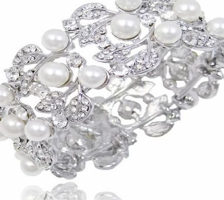 Ever Faith Crystal Bridal Flower Ivory Color Simulated Pearl Bracelet A06121-1