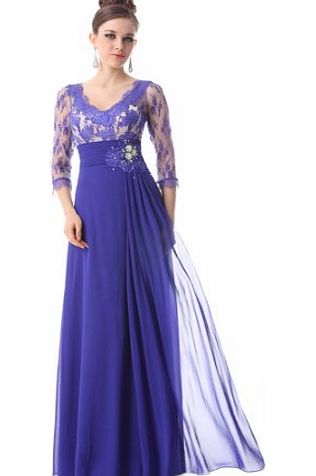 Ever-Pretty Ever Pretty 3/4 Sleeve Sheer Lace Rhinestone V-neck Evening Gown 09053, HE09053SB16, Sapphire Blue, 16UK