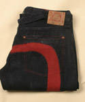 Mens Dark Denim Button Fly Jeans With Large Red Evisu Logo