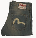 Evisu Mid Blue Denim Worn Effect Button Fly Jeans - 32 Leg