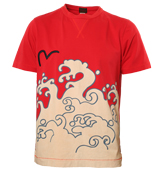 Evisu Red T-Shirt with Sea Design