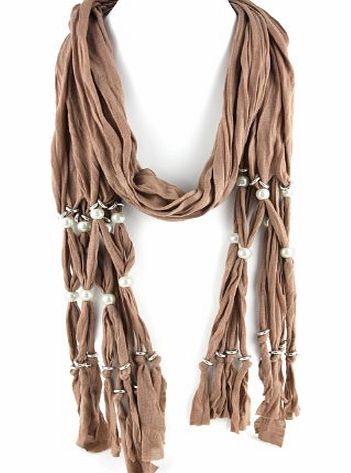 Evolatree Light Brown - Pearl Bead Charm - Diamond Link Tassel Pattern - Jewellery Scarf - 70``