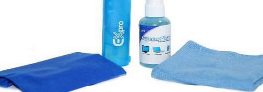 Ex-Pro LCD Screen Cleaning Kit complete with cloth, brush and bag. (Non chemical cleaner, great for iPad, PDAs, Tablets, TFT, LCD, Phones and virtually any other screen).