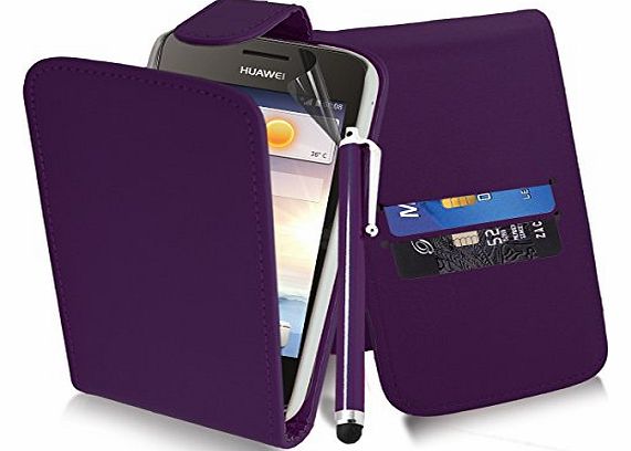 Huawei Ascend Y330 - Purple Exclusive Leather Easy Clip On WALLET / FLIP Case / Cover / Pouch With Card Holders & Clear Screen Protector & Purple High Capacitive Stylus