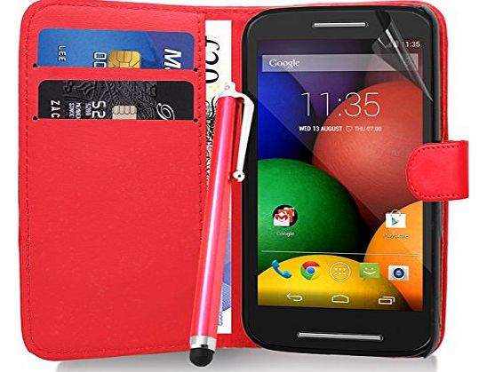 Motorola Moto E - Exclusive Leather Easy Clip On WALLET / FLIP Case / Cover / Pouch With Card Holders + Free Clear Screen Protector + Polishing Cloth + Touch Screen Stylus Pen