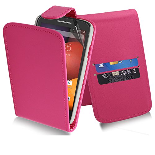 Excellent Accessories Motorola Moto E - Pink Exclusive Leather Easy Clip On WALLET / FLIP Case / Cover / Pouch With Card Holders   Free Clear Screen Protector   Polishing Cloth